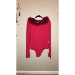 Red fuzzy collar bodysuit